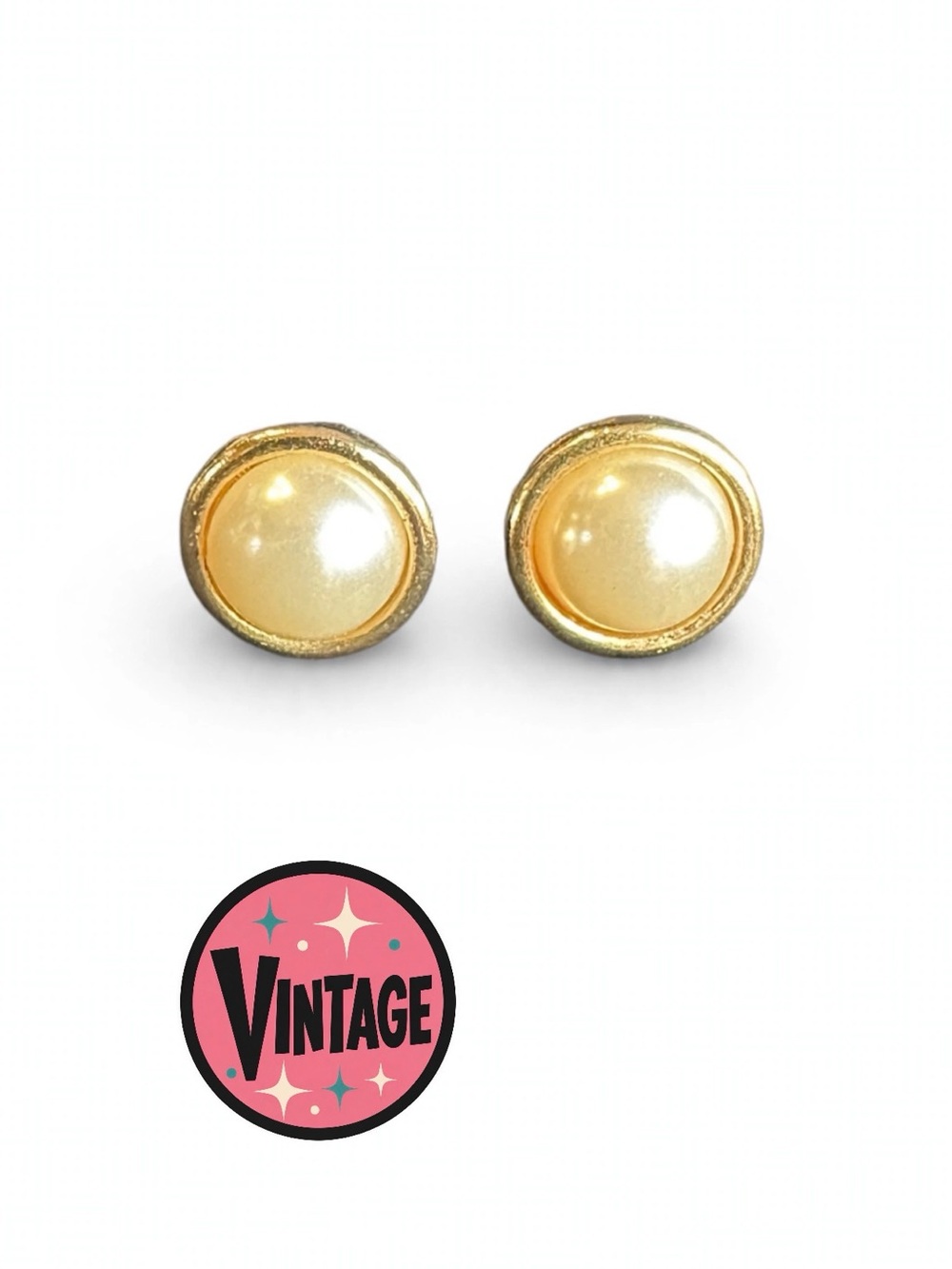 VTG MONET Bezel Faux Pearl Stud Button Earrings Patented Bell Backs